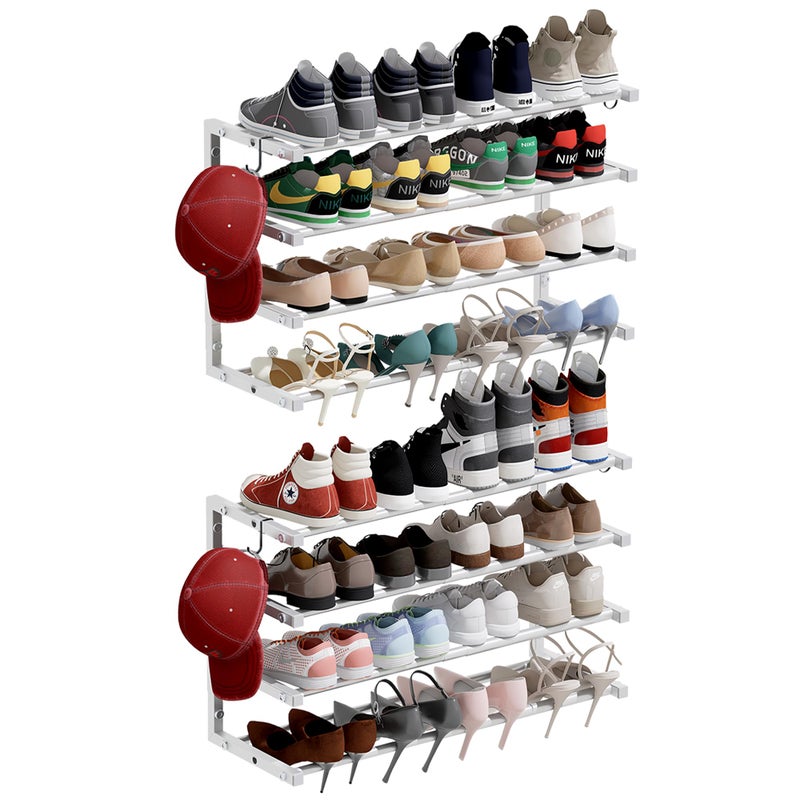 Jchccu 2 Pack Wall Mounted Shoe Rack, 4 Tier Hanging Shoe Rack Holds 32 Pairs, 17"-30" Adjustable Heavy Duty Wall Shoe Shelf with 4 Storage Hooks, Space Saving for Closet Entryway, White - Image 1