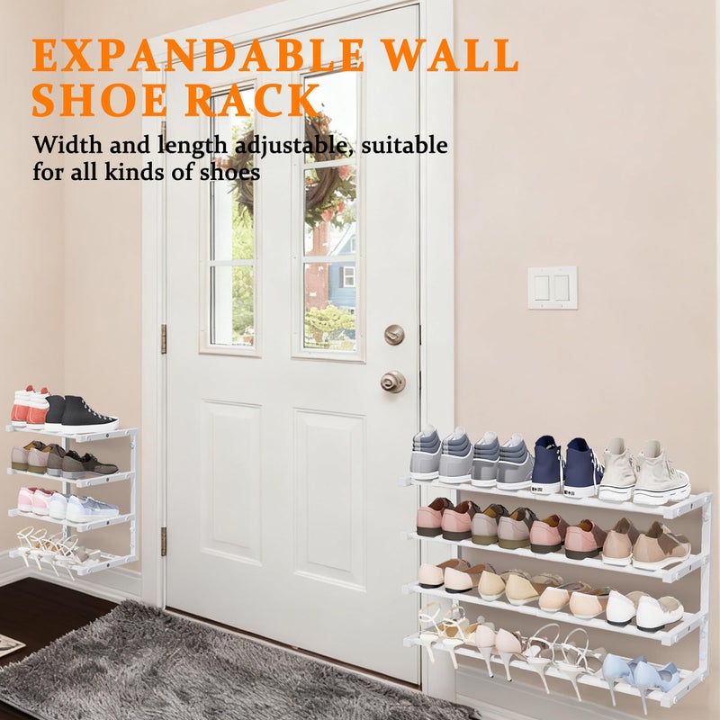 Jchccu 2 Pack Wall Mounted Shoe Rack, 4 Tier Hanging Shoe Rack Holds 32 Pairs, 17"-30" Adjustable Heavy Duty Wall Shoe Shelf with 4 Storage Hooks, Space Saving for Closet Entryway, White - Image 2