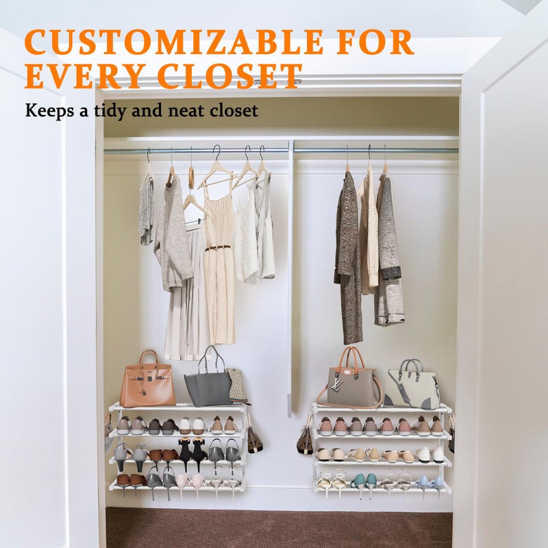 Jchccu 2 Pack Wall Mounted Shoe Rack, 4 Tier Hanging Shoe Rack Holds 32 Pairs, 17"-30" Adjustable Heavy Duty Wall Shoe Shelf with 4 Storage Hooks, Space Saving for Closet Entryway, White - Image 3