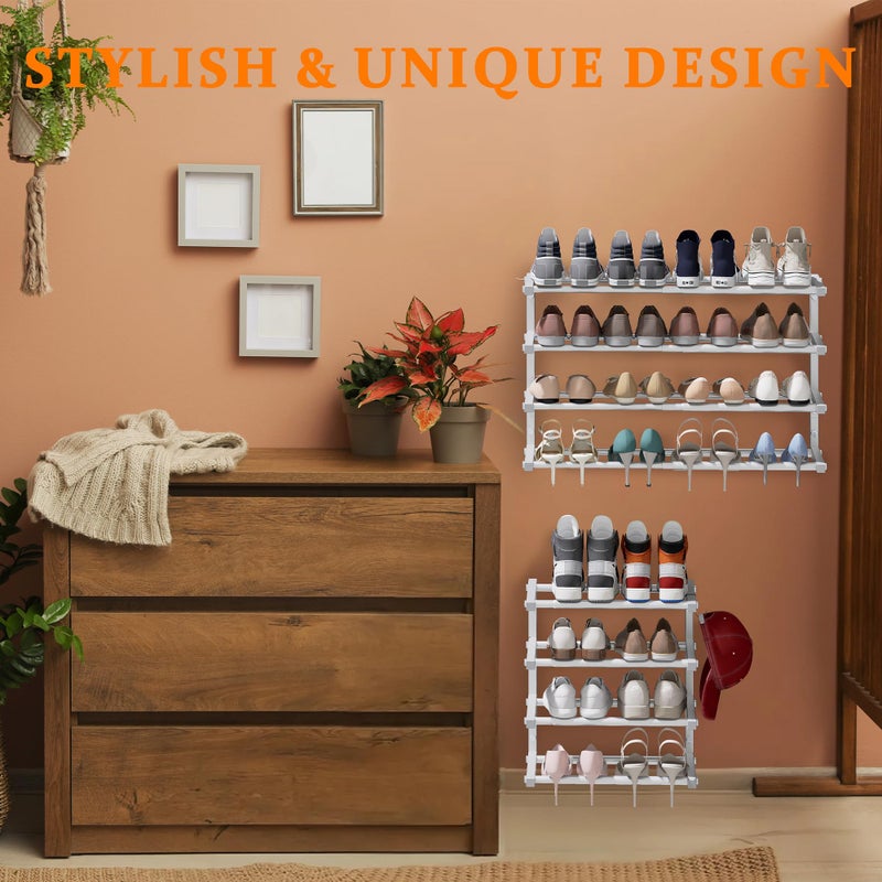 Jchccu 2 Pack Wall Mounted Shoe Rack, 4 Tier Hanging Shoe Rack Holds 32 Pairs, 17"-30" Adjustable Heavy Duty Wall Shoe Shelf with 4 Storage Hooks, Space Saving for Closet Entryway, White - Image 4