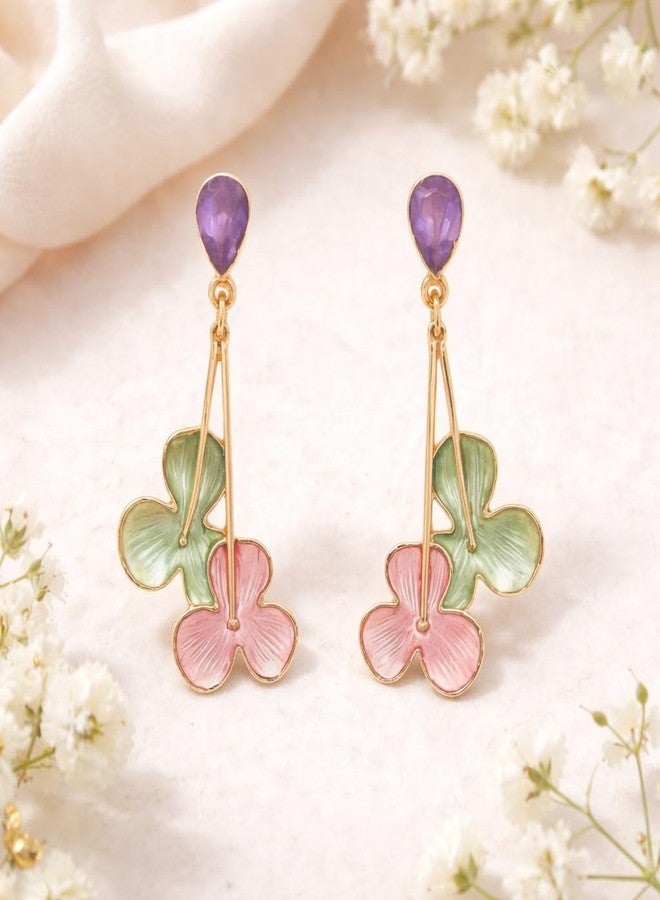 AMAAL Gold Pastel Floral Drop Earrings for Women Girls | Korean Enamel Flower Danglers Purple Stud Meenakari | Western Wedding,Earing | Stylish Jewellery for woman Valentine Gift for Girlfriend -503 - Image 3
