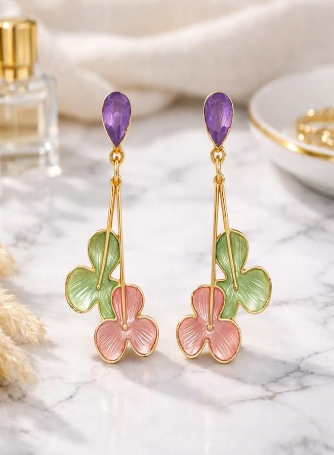 AMAAL Gold Pastel Floral Drop Earrings for Women Girls | Korean Enamel Flower Danglers Purple Stud Meenakari | Western Wedding,Earing | Stylish Jewellery for woman Valentine Gift for Girlfriend -503 - Image 4