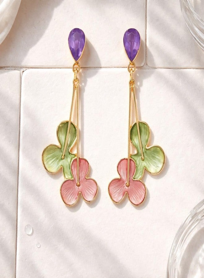AMAAL Gold Pastel Floral Drop Earrings for Women Girls | Korean Enamel Flower Danglers Purple Stud Meenakari | Western Wedding,Earing | Stylish Jewellery for woman Valentine Gift for Girlfriend -503 - Image 5