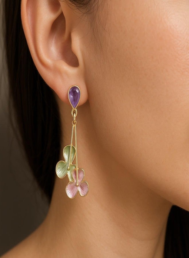 AMAAL Gold Pastel Floral Drop Earrings for Women Girls | Korean Enamel Flower Danglers Purple Stud Meenakari | Western Wedding,Earing | Stylish Jewellery for woman Valentine Gift for Girlfriend -503 - Image 2