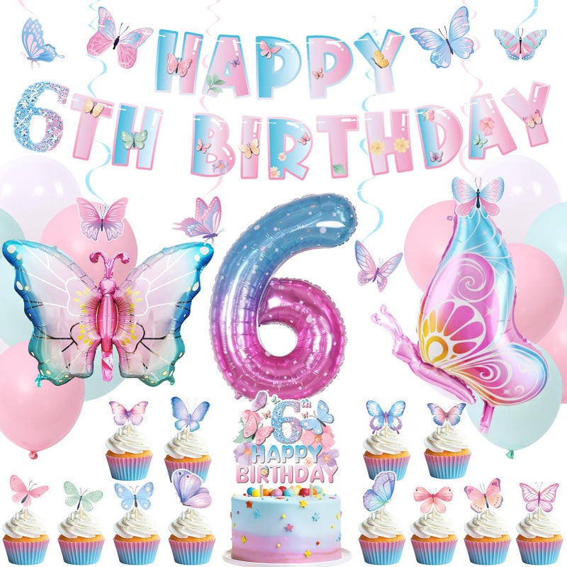 Roetyce 6th Birthday Decorations for Girls, Butterfly Banner Balloons Hanging Siwrls Cake Topper Kit, Gradient Pink Birthday Party Supplies, Butterflies 6 Year Old Bday Decor - Image 1