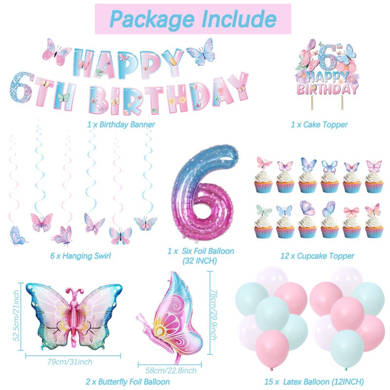 Roetyce 6th Birthday Decorations for Girls, Butterfly Banner Balloons Hanging Siwrls Cake Topper Kit, Gradient Pink Birthday Party Supplies, Butterflies 6 Year Old Bday Decor - Image 2
