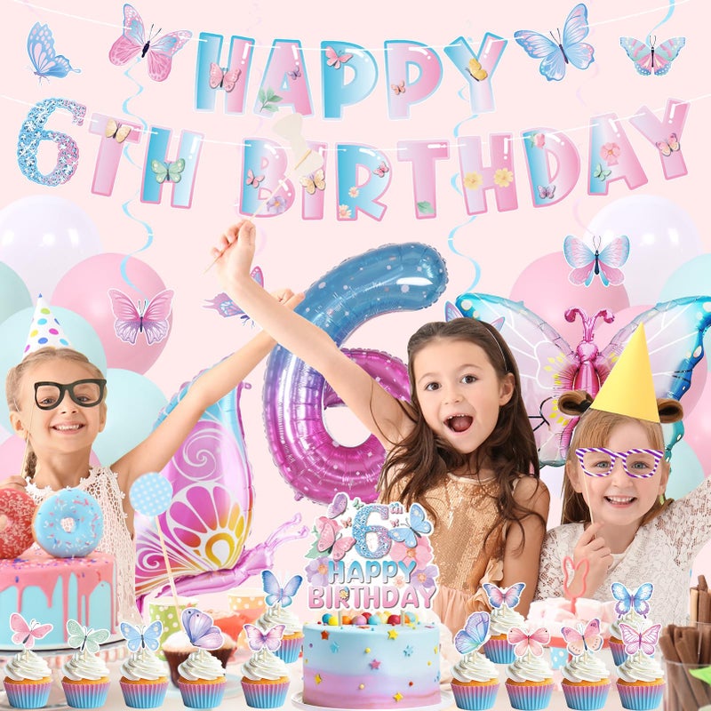 Roetyce 6th Birthday Decorations for Girls, Butterfly Banner Balloons Hanging Siwrls Cake Topper Kit, Gradient Pink Birthday Party Supplies, Butterflies 6 Year Old Bday Decor - Image 3