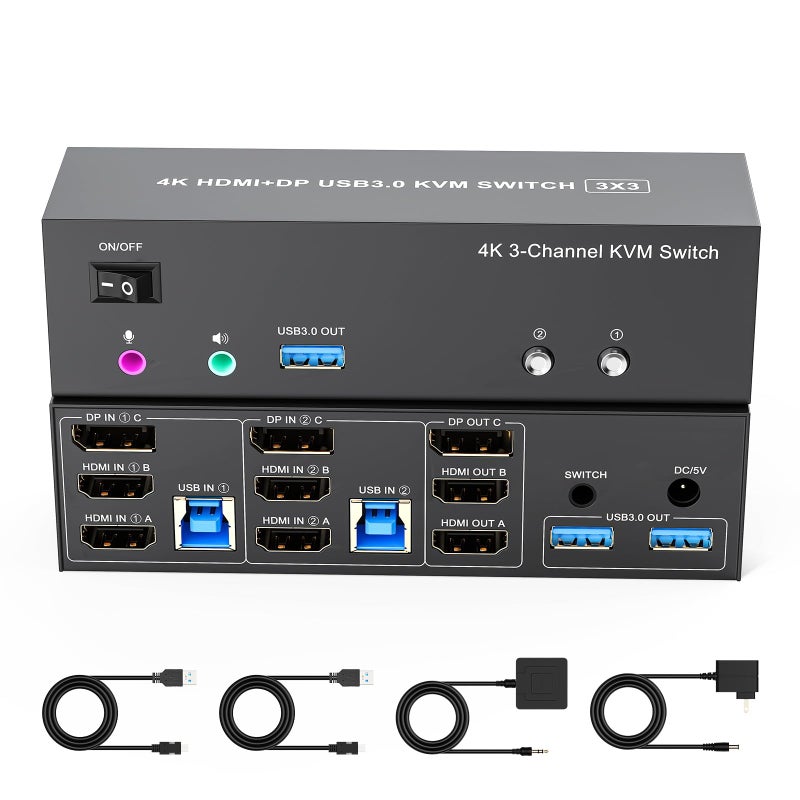 TaiLaiEra 4K KVM Switch 3 Monitors 2 Computers Triple Monitor Displayport and 2 HDMI USB 30 KVM Switches 4K60HzSupport ExtendedMirror Mode Share 3 USB 30 Ports with Desktop Controller Adapter Included - Image 2