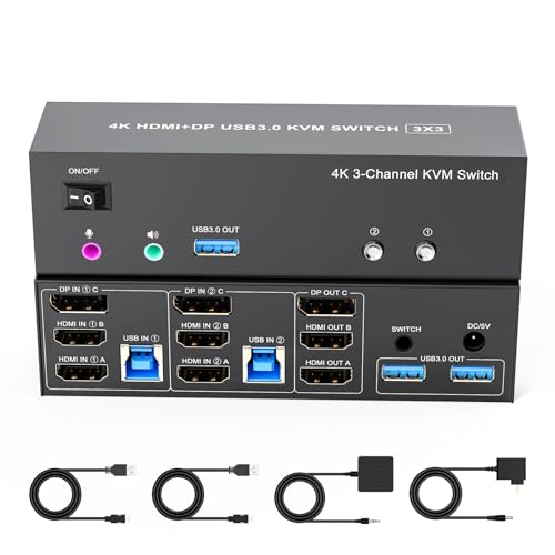 TaiLaiEra 4K KVM Switch 3 Monitors 2 Computers Triple Monitor Displayport and 2 HDMI USB 30 KVM Switches 4K60HzSupport ExtendedMirror Mode Share 3 USB 30 Ports with Desktop Controller Adapter Included - Image 1