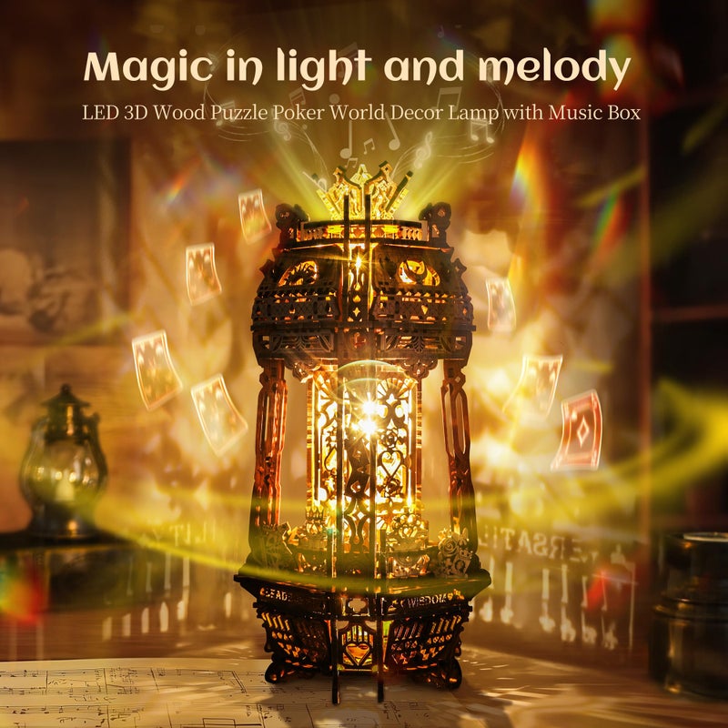 FUNPOLA LED 3D Wood Puzzle Poker World Projector Lamp â€“ DIY Craft Kit with LED Lights and Music Box â€“ Creative Poker-Themed Lamp, Nightlight Gift for Home DÃ©cor (Black Walnut) - Image 2