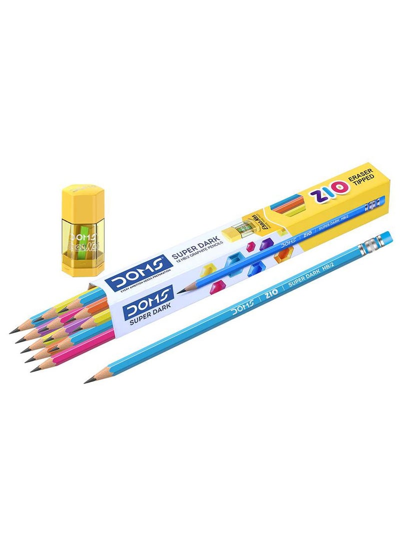 DOMS ZIO Eraser-Tipped Super Dark Graphite Pencils HB/2 – Multicolour – 12 Pencils with 1 Eras-Ner (Eraser + Sharpener) – 185mm Length - Image 1