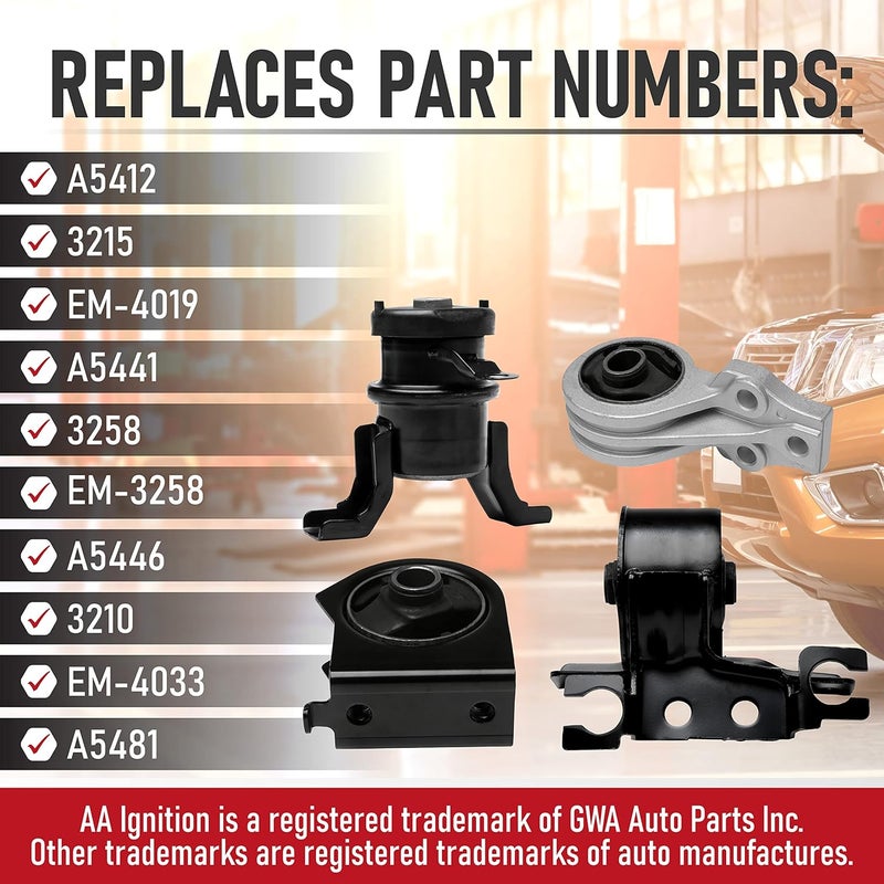 AA Ignition Replacement Engine Motor and Transmission Mount Set of 4 - Compatible with Ford Escape, Mazda Tribute 2.3L, 2.5L, 3.0L, Mariner - Replaces A5412, A5441, A5446, A5481 - Front, Right, Left, Rear Mount - Image 3