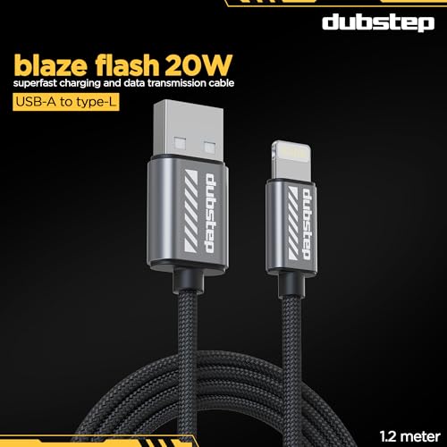 Dubstep Blaze Flash 20W USB-A To Type-L 1.25M Data Fast Charging Nylon Braided Cable with Overheat Protection | 70k Insertion Tested (Grey) - Image 2