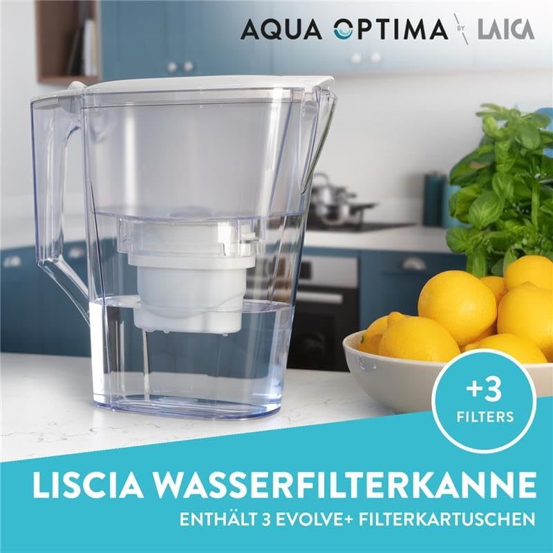 Aqua Optima إبريق فلتر أكوا أوبتيما ليسيا مع 3 × 30 يومًا من خراطيش فلتر إيفولف+، سعة 2.5 لتر، لتقليل الميكروبلاستيك والكلور والكلس والشوائب، أبيض (قد يختلف التغليف) تصميم يتلاءم مع كل أسلوب - Image 2