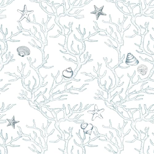WENMER Coastal Wallpaper Peel and Stick 173 X 1181 White and Light Blue Contact Paper Coral Seashell Starfish Wallpaper Self Adhesive Beach Ocean Wallpaper for Bathroom Cabinets Decor - Image 1