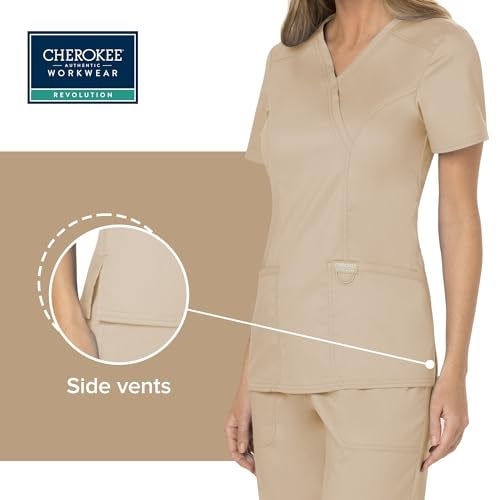 Cherokee Scrubs Top for Women Mock Wrap with 3 Pockets, Soft, 2-Way Stretch & Durable Fabric Plus Size - WW610, 3XL, Khaki - Image 5