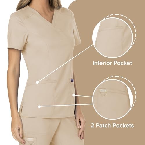 Cherokee Scrubs Top for Women Mock Wrap with 3 Pockets, Soft, 2-Way Stretch & Durable Fabric Plus Size - WW610, 3XL, Khaki - Image 4