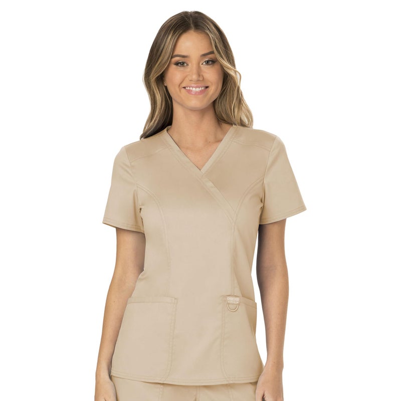 Cherokee Scrubs Top for Women Mock Wrap with 3 Pockets, Soft, 2-Way Stretch & Durable Fabric Plus Size - WW610, 3XL, Khaki - Image 3