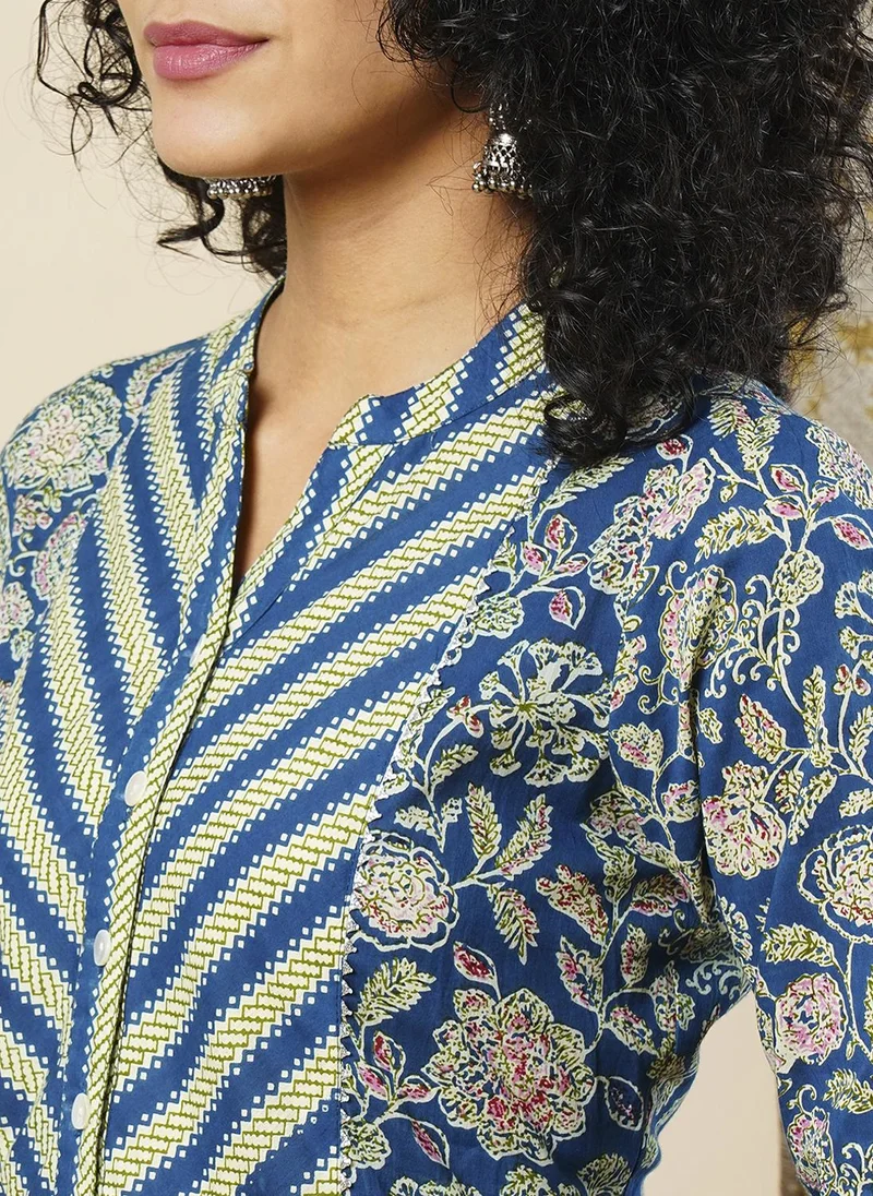 globus Globus Women Floral Printed Pleated Pure Cotton Kurta With Trousers