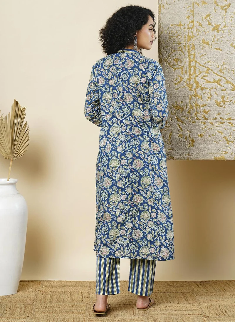 globus Globus Women Floral Printed Pleated Pure Cotton Kurta With Trousers