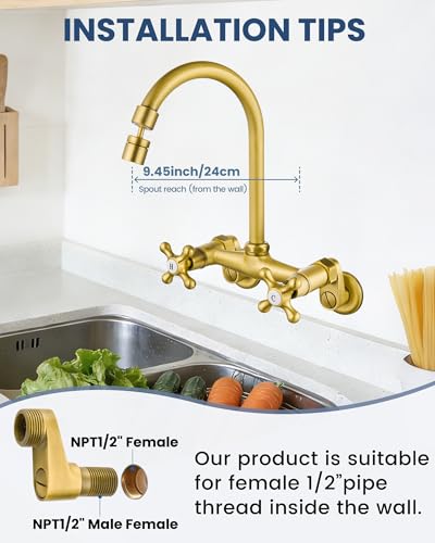 Airuida Wall Mount Kitchen Faucet with Sprayer Wall Mounted Kitchen Sink Faucet Double Cross Handles 360 Degree Swivel Spout Restaurant Mixer Tap Commercial 6 Inch Center Antique Brass - Image 3