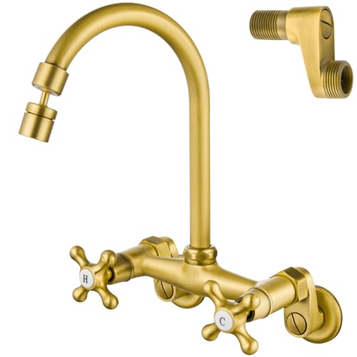 Airuida Wall Mount Kitchen Faucet with Sprayer Wall Mounted Kitchen Sink Faucet Double Cross Handles 360 Degree Swivel Spout Restaurant Mixer Tap Commercial 6 Inch Center Antique Brass - Image 1