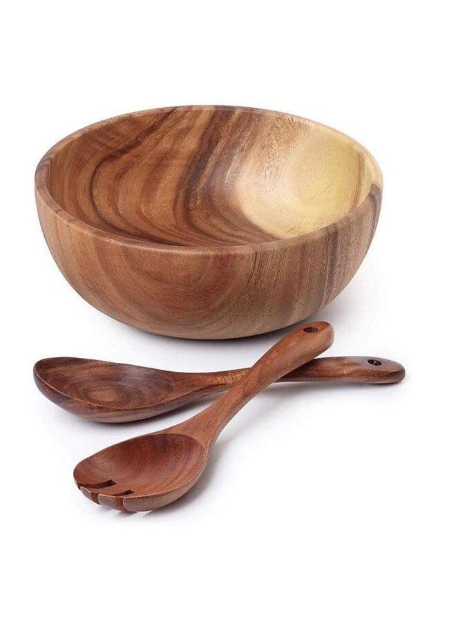 يُسلِّم طقم أوعية سلطة من خشب الأكاسيا، وعاء سلطة، ملعقة سلطة، شوكة سلطة، طقم من 3 قطع، خشب الأكاسيا - Image 1