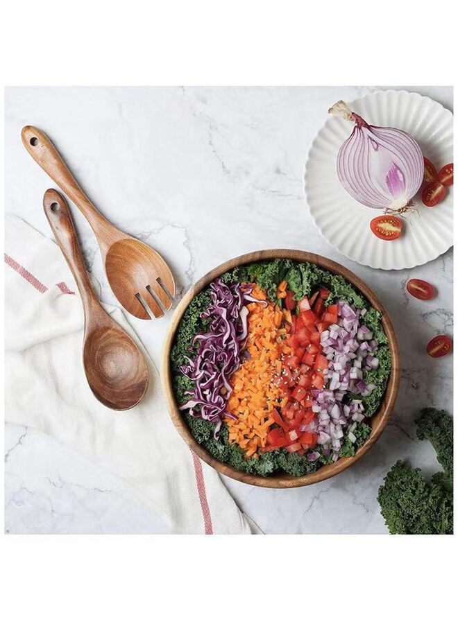 يُسلِّم طقم أوعية سلطة من خشب الأكاسيا، وعاء سلطة، ملعقة سلطة، شوكة سلطة، طقم من 3 قطع، خشب الأكاسيا - Image 2