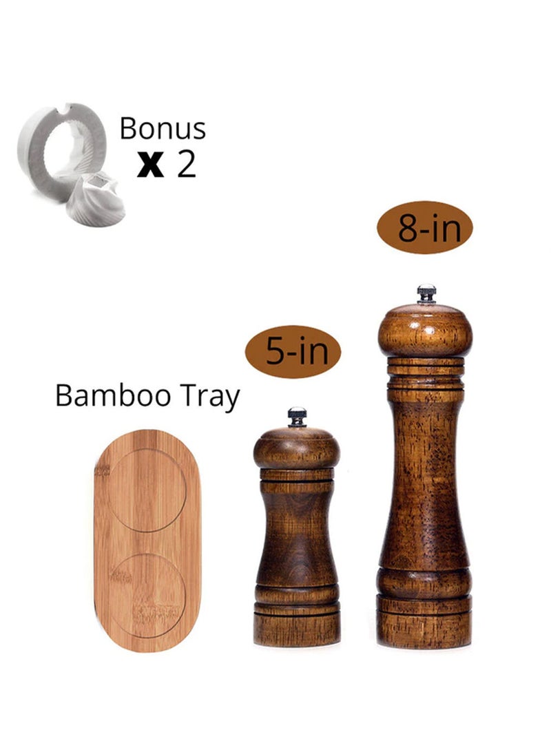 AROAQ Salt and Pepper Mills Sets, Solid Wood Pepper Mill with Strong Adjustable Kitchen Tools (Pack of Three 5 and 8 Inch With Bamboo Tray) - Image 1