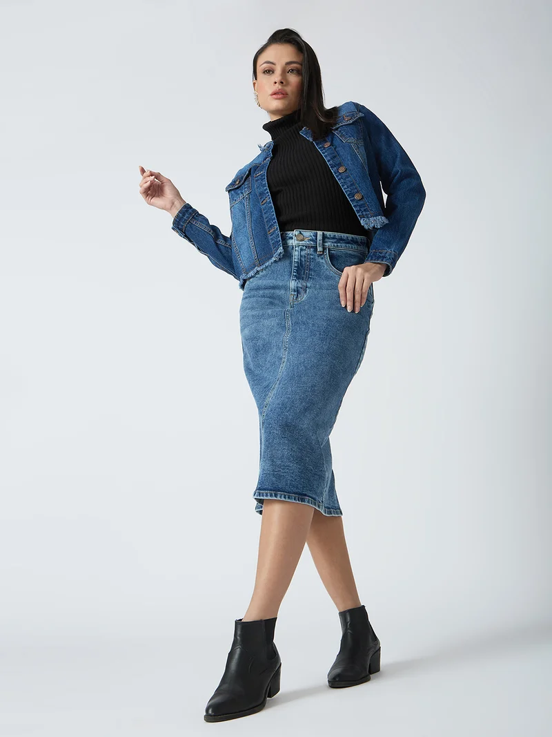 globus Women Stretchable Solid Mid-Rise Back Slit Midi Denim Pencil Skirt