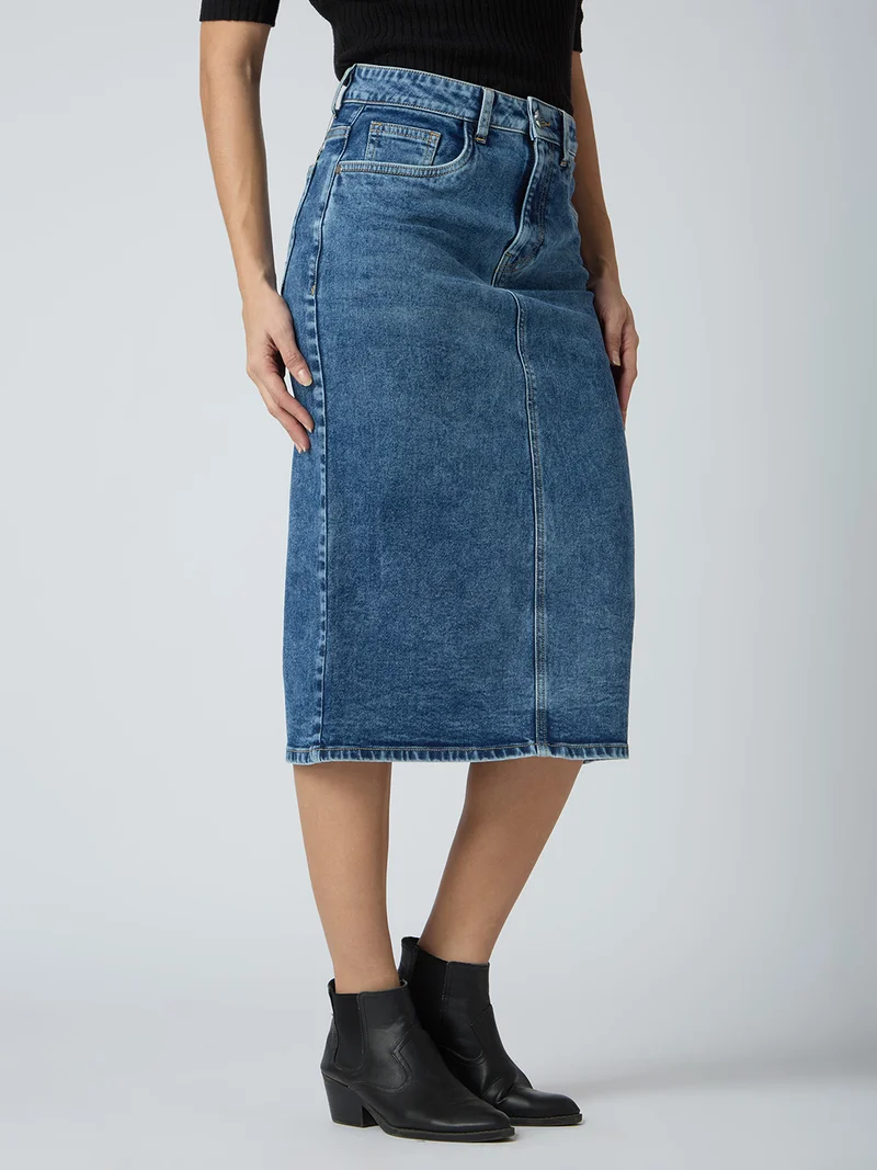 globus Women Stretchable Solid Mid-Rise Back Slit Midi Denim Pencil Skirt
