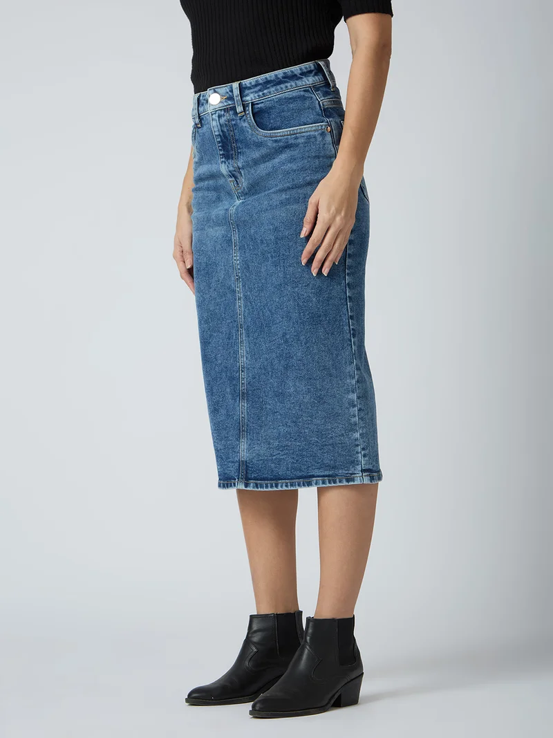 globus Women Stretchable Solid Mid-Rise Back Slit Midi Denim Pencil Skirt