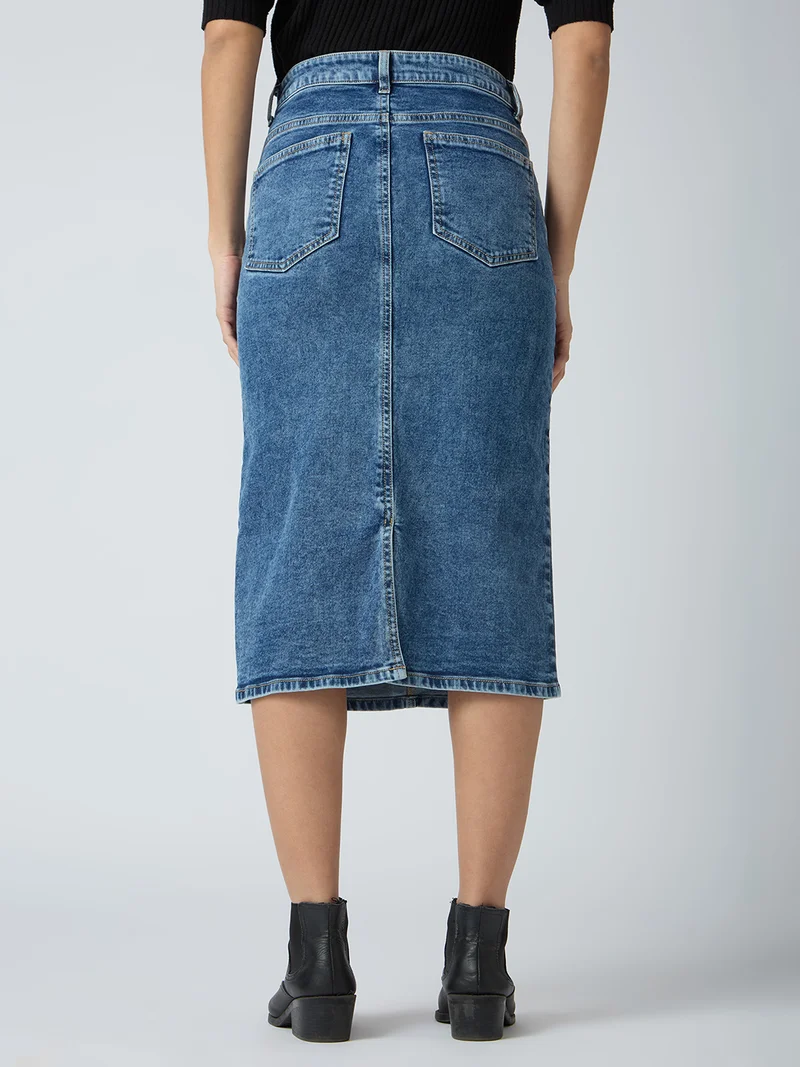 globus Women Stretchable Solid Mid-Rise Back Slit Midi Denim Pencil Skirt