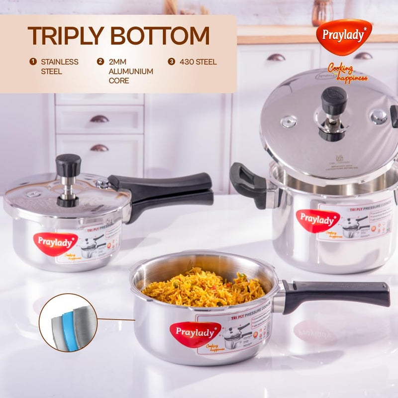 PrayLady Triply Pressure Cooker 15Ltr with SAS Body Bakelite Handle Vitro Ceramic Halogen Induction and Gas Compactible Fast and Even Cooking ISI Certified 5 Year Warranty - Image 2