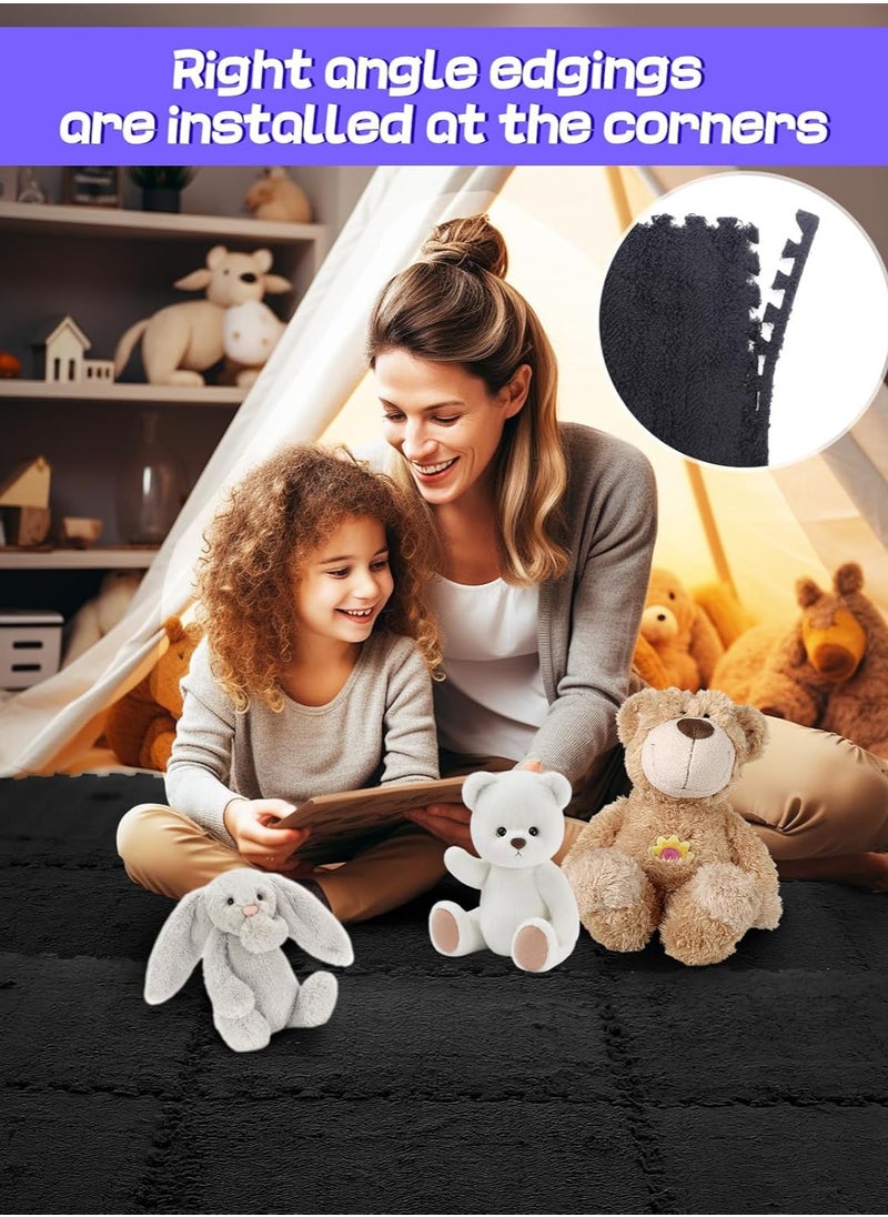 AUTOYSUR - 12 pcs Thickened Plush Foam Interlocking Floor Mats, Interlocking Foam Tiles with Edgings for Kids, Soft Anti-Slip Puzzle Area Square Rug Playmat for Children Room Flat (10", Black) - Image 1