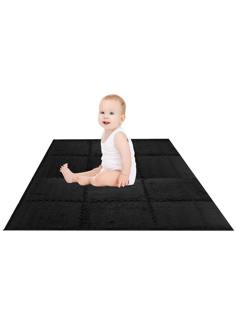 AUTOYSUR - 12 pcs Thickened Plush Foam Interlocking Floor Mats, Interlocking Foam Tiles with Edgings for Kids, Soft Anti-Slip Puzzle Area Square Rug Playmat for Children Room Flat (10", Black) - Image 1