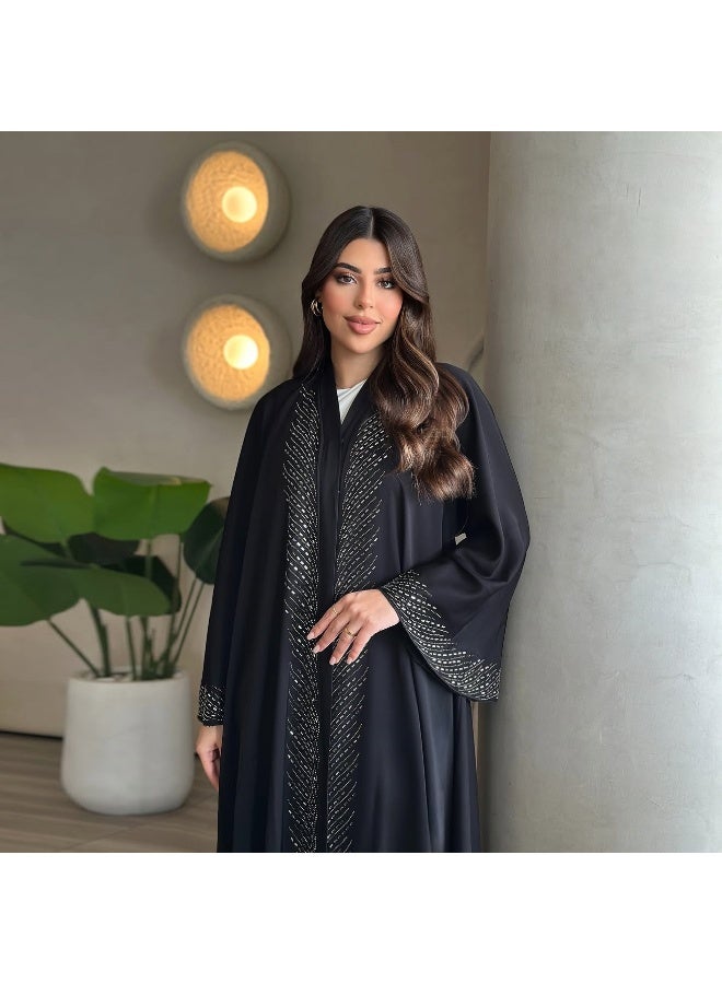 فستان عباية قفطان نسائي أسود بتصميم تركي مزين بأحجار لامعة وقصة واسعة وأكمام كيمونو طويلة لإطلالة محتشمة أنيقة - Image 3