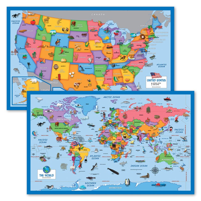 Palace Learning 2 Pack - World & USA Map for Kids [Illustrated] - 2 Poster Set (LAMINATED, 18" x 29") - Image 1