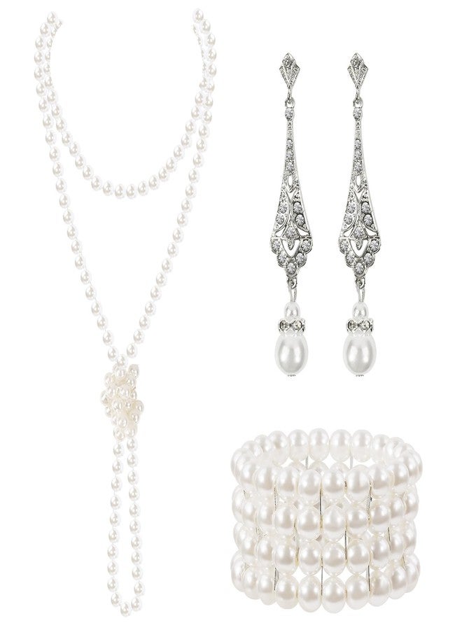 GHGMAO 1920s Pearl Jewelry Set - Long Pearl Necklace, Earring Set, Multilayer Bracelet - Flapper Accessories for Women, Free Size, Faux Pearl, Created Pearl - Image 1