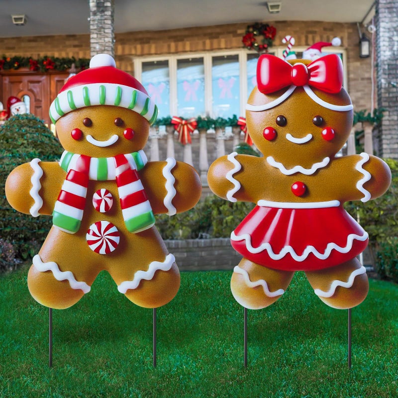 Memorywuu 2 Pack Christmas Yard Stakes Metal Stakes 3D Boy and Girl Yard Sign Christmas Outdoor Decorations for Outside Holiday Xmas Winter Ornament Lawn Pathway Classic Gingerbread Man Couple - Image 2