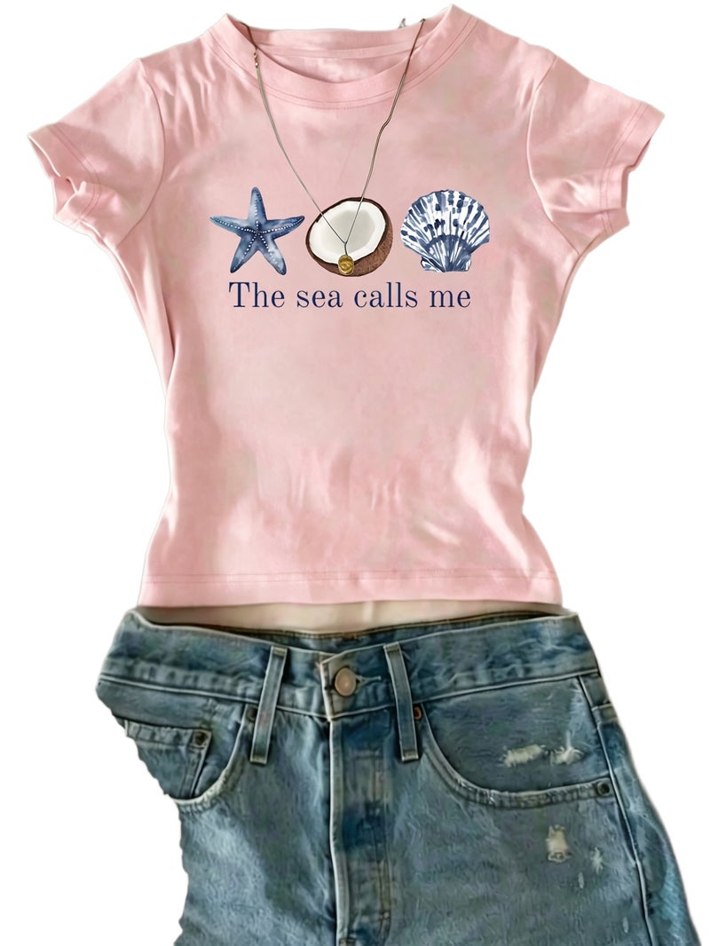 European And American Fashion One - Piece Creative Design Girly Women'S T - Shirt with Starfish, Coconut, And Shell Patterns + The Text \ - Pink / XXS - Image 1