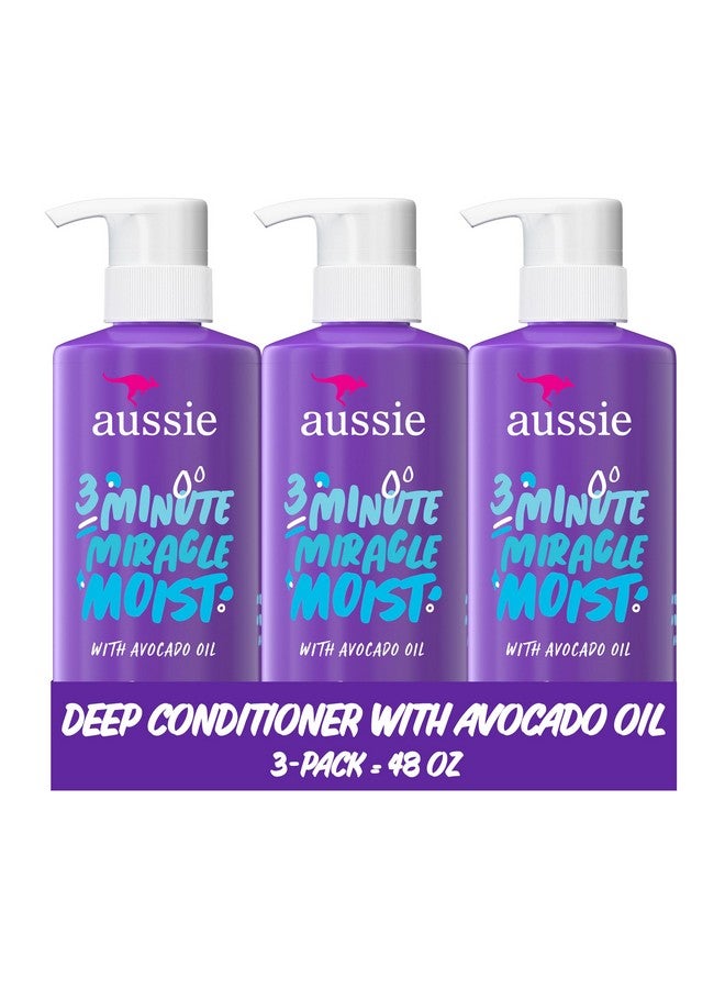 Aussie 3 Minute Miracle Moist Deep Conditioner for Dry Hair, Avocado & Jojoba Oil, Safe for Color Treated Hair, Nourishing Hydration, Silky Shine, Paraben-Free, 16 Fl Oz Each, Triple Pack - Image 1