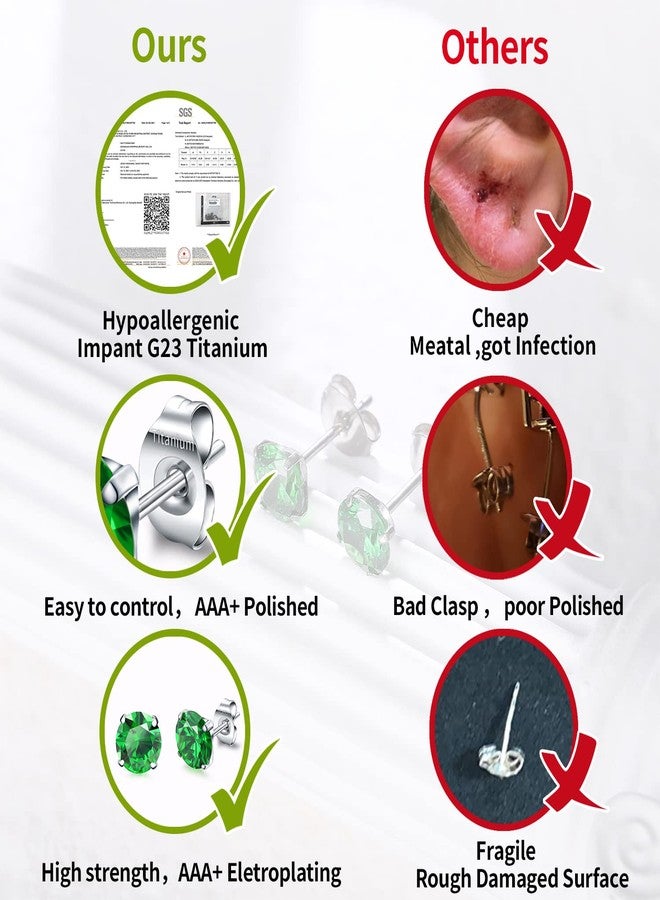 فوجو أقراط VOJO G23 من التيتانيوم مرصعة بالزركونيا المكعبة، مناسبة للأذنين الحساسة، مضادة للحساسية، مرصعة بأحجار الميلاد، أقراط صغيرة مرصعة بالألماس للنساء (6 مم، زركونيا مكعبة بألوان قوس قزح) - Image 4