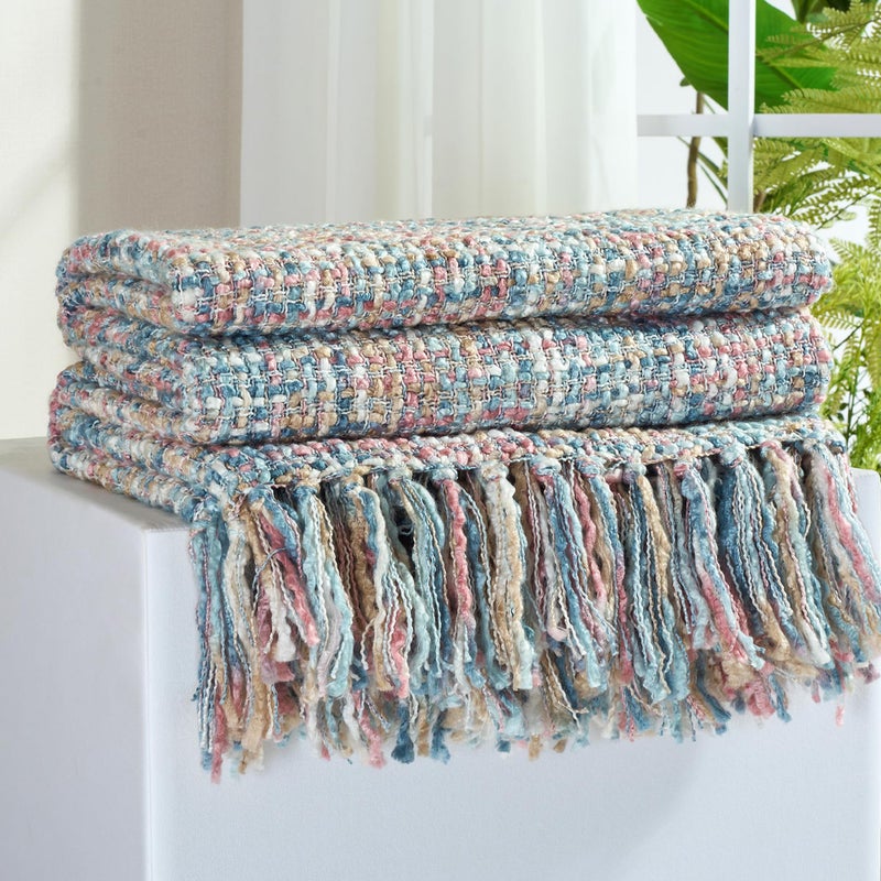 GINAMUSE Multi-Color Pink Blue Cable Woven Throw Blanket for Couch,50"X60" Boho Style Textured Blankets for Home Decor,Super Soft Warm Cozy Chunky Blanket with Decorative Tassels for Bed - Image 1