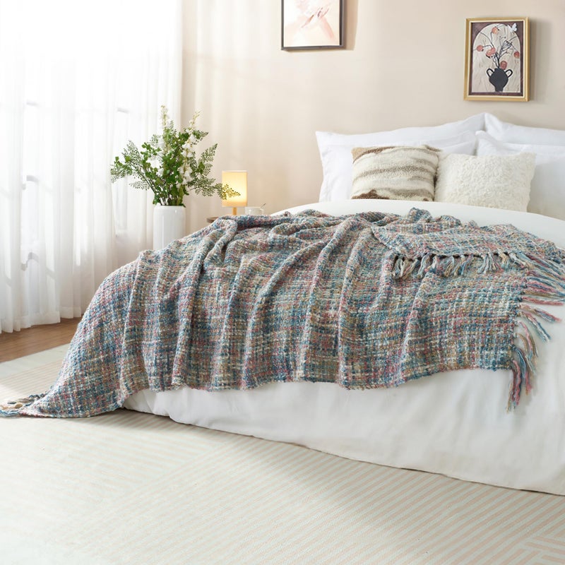 GINAMUSE Multi-Color Pink Blue Cable Woven Throw Blanket for Couch,50"X60" Boho Style Textured Blankets for Home Decor,Super Soft Warm Cozy Chunky Blanket with Decorative Tassels for Bed - Image 5
