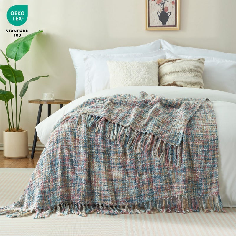 GINAMUSE Multi-Color Pink Blue Cable Woven Throw Blanket for Couch,50"X60" Boho Style Textured Blankets for Home Decor,Super Soft Warm Cozy Chunky Blanket with Decorative Tassels for Bed - Image 2