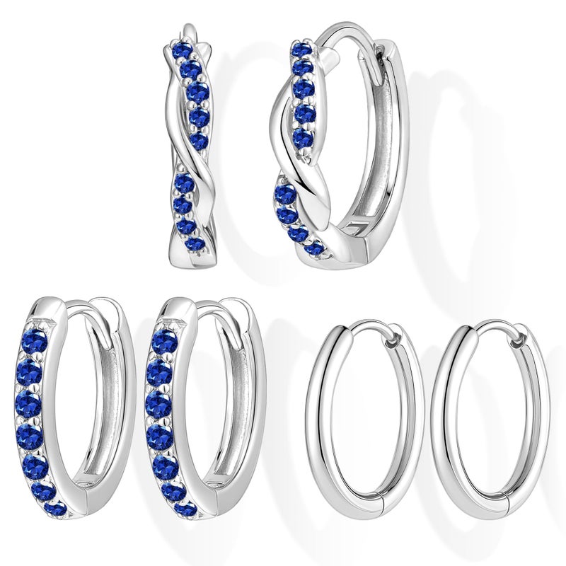 Inerney Sterling Silver Sapphire Huggie Hoop Earrings Set for Women, Dainty Small Royal Navy Blue Earring Hypoallergenic Jewelry for Multiple Piercings, Trendy Twisted Hoops September Birthstone Gift - Image 1