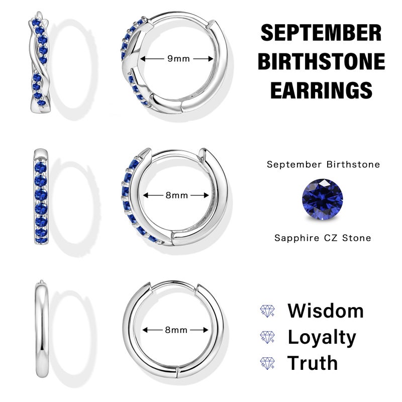 Inerney Sterling Silver Sapphire Huggie Hoop Earrings Set for Women, Dainty Small Royal Navy Blue Earring Hypoallergenic Jewelry for Multiple Piercings, Trendy Twisted Hoops September Birthstone Gift - Image 3