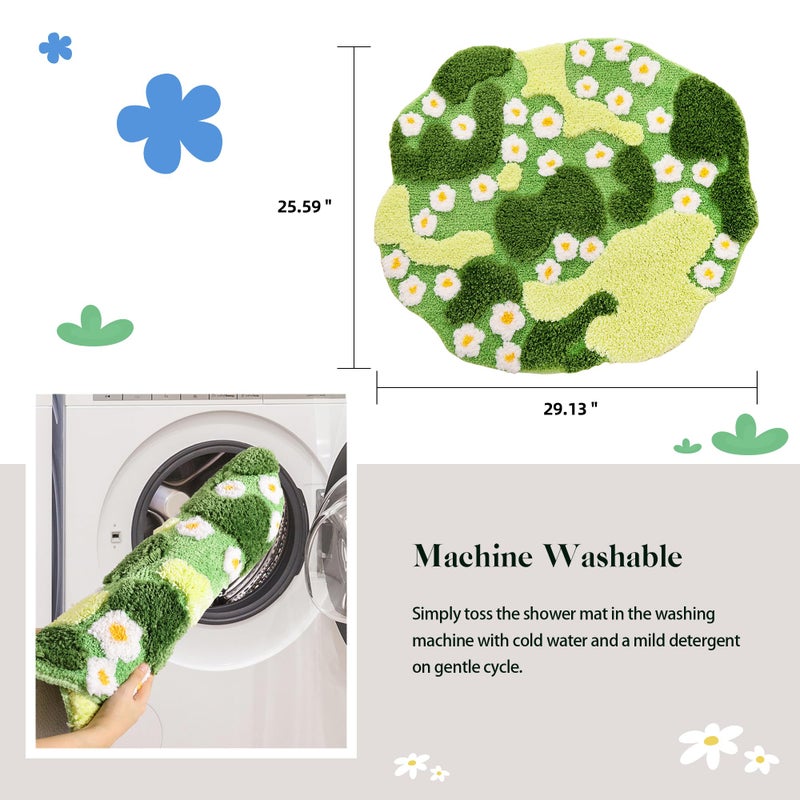 YIKUSH Moss Bath Mat Green Bathroom Rug with Small White Flowers Non Slip Door Mat for Bedroom and Kitchen Soft Washable Rug Floral Nature Bathtub Mat - Image 4