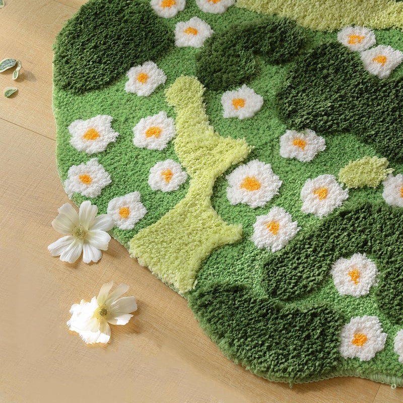 YIKUSH Moss Bath Mat Green Bathroom Rug with Small White Flowers Non Slip Door Mat for Bedroom and Kitchen Soft Washable Rug Floral Nature Bathtub Mat - Image 1